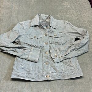 Eddie Bauer Engineer Denim Jacket, Blue, White, Stripes, Jean, Casual, Size M